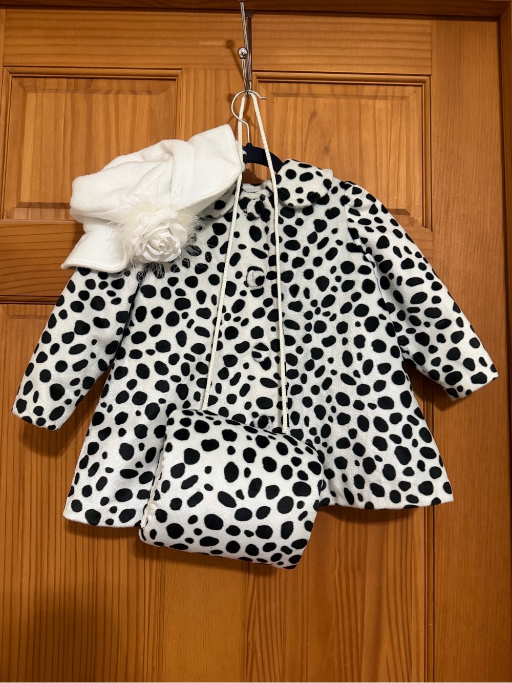 Vintage Dalmatian Print Girls' Coat with Matching Hand Warmer and White Hat